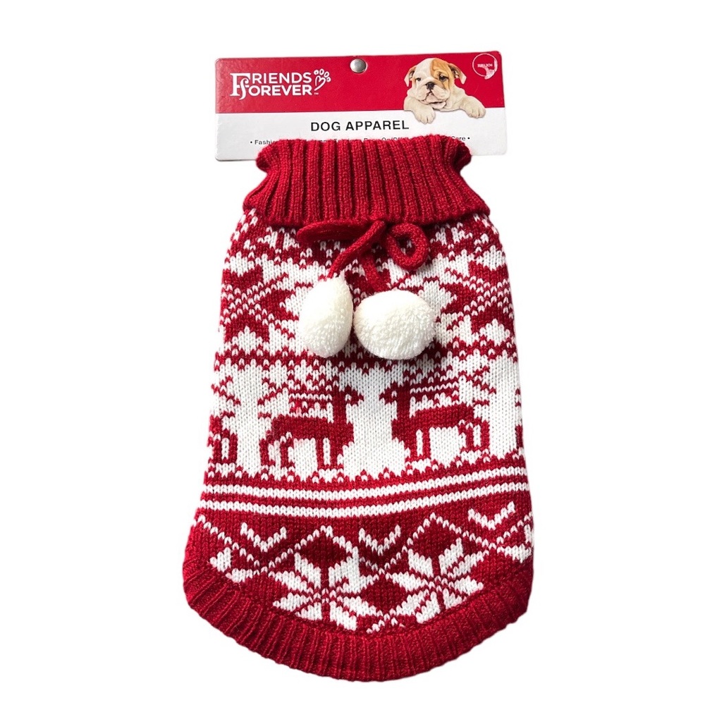 Friends Forever Snowflakes and Reindeer Pet Sweater Red White Size XSmall